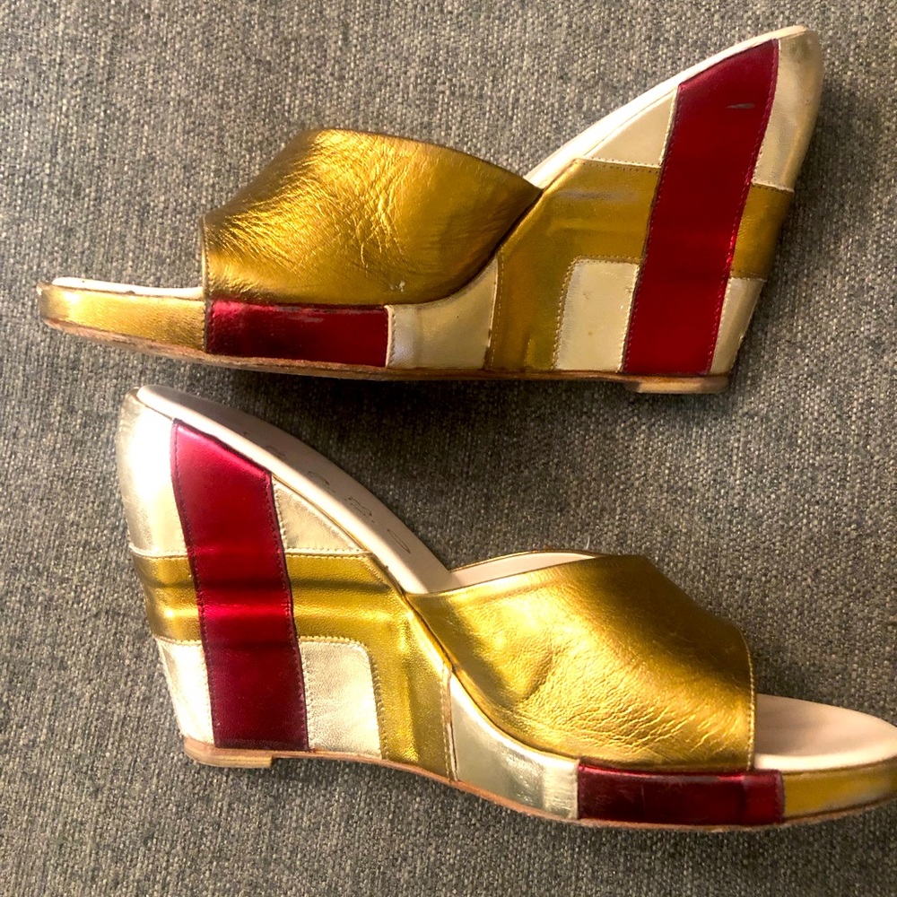 Beautiful red, gold and silver metallic wedges